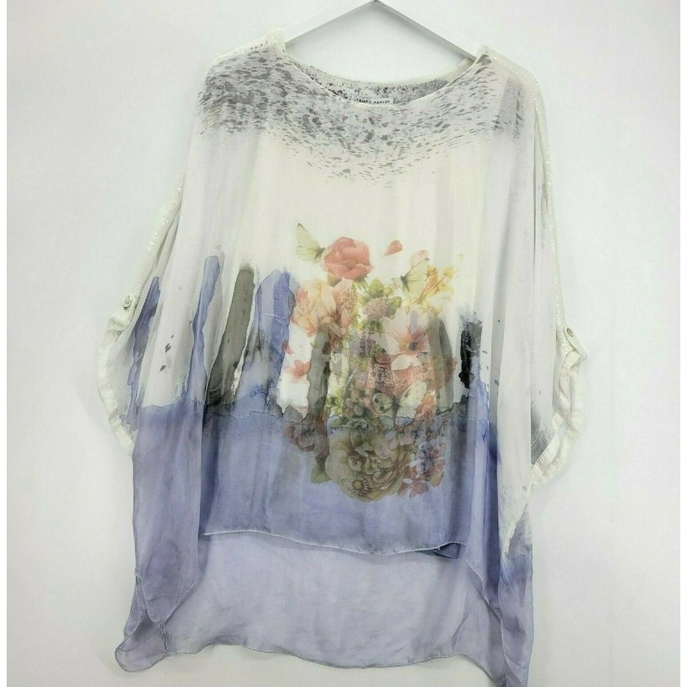 Tempo Paris Tops Floral Dolman Sleeve Blouse Waterfall Layers Watercolor Drape